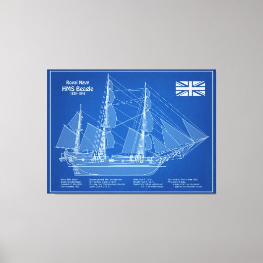 HMS Beagle Tall Ship - Ship Blueprint ABD キャンバスプリント (正面)