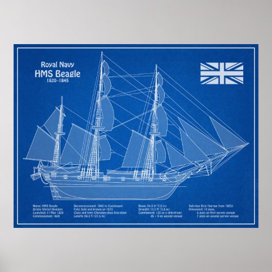 HMS Beagle Tall Ship - Ship Blueprint ABD ポスター (正面)