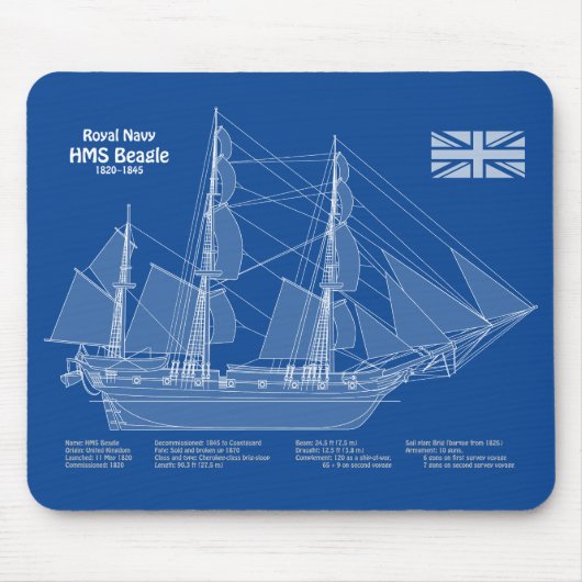 HMS Beagle Tall Ship - Ship Blueprint ABD マウスパッド (正面)