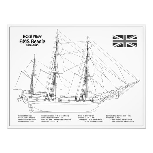 HMS Beagle Tall Ship - Ship Blueprint BD フォトプリント (正面)