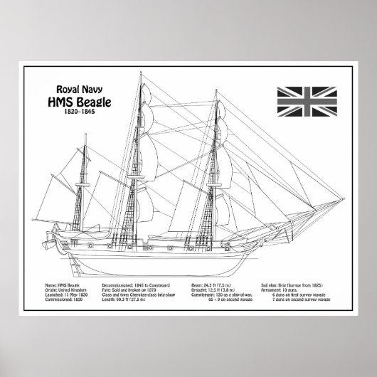 HMS Beagle Tall Ship - Ship Blueprint BD ポスター (正面)