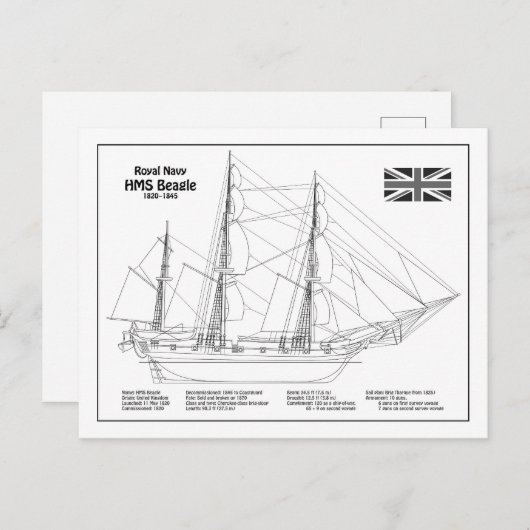 HMS Beagle Tall Ship - Ship Blueprint BD ポストカード (正面/裏面)