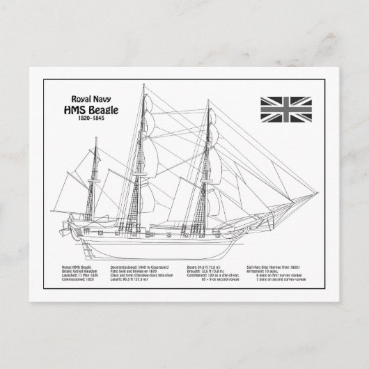 HMS Beagle Tall Ship - Ship Blueprint BD ポストカード (正面)