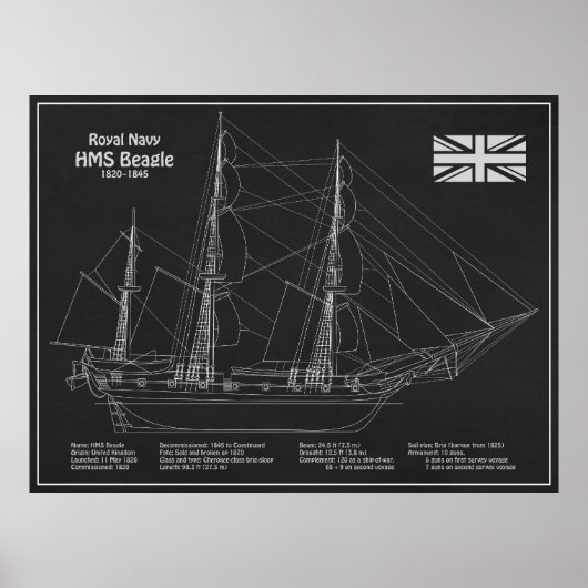 HMS Beagle Tall Ship - Ship Blueprint PBD ポスター (正面)