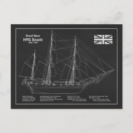 HMS Beagle Tall Ship - Ship Blueprint PBD ポストカード (正面)