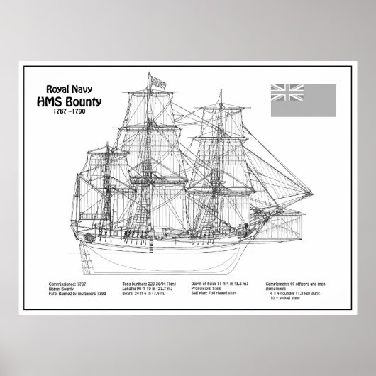 HMS Bounty – 船舶設計図プランBD ポスター (正面)