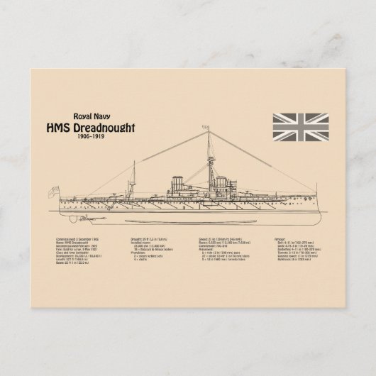 HMS Dreadnebed – 船舶設計図SD ポストカード (正面)