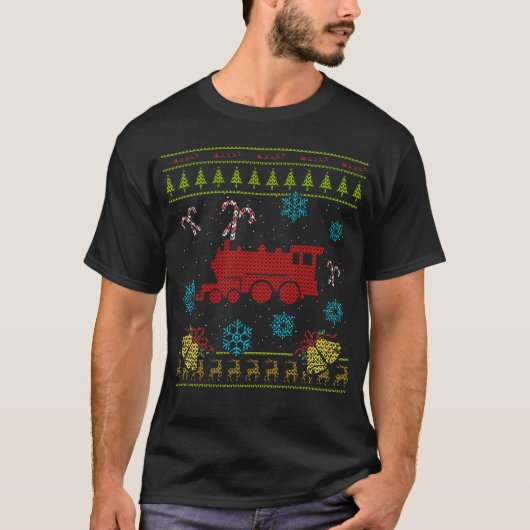 HOスケールの列車のクリスマスの醜いセーターのおもちゃの列車 Tシャツ (正面)