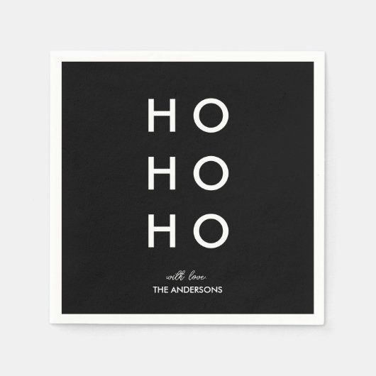 HO HOファミリー名パーソナライズされたブラッククリスマス スタンダードカクテルナプキン (正面)