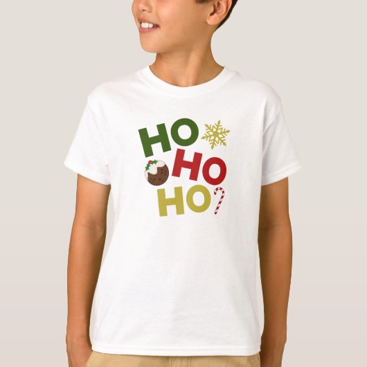 HO HO+クリスマスプリン、キャンディ、スノーフレーク Tシャツ (正面)