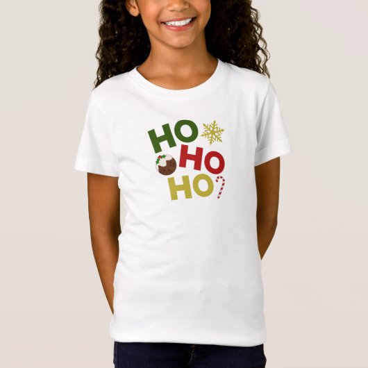 HO HO+クリスマスプリン、キャンディ、スノーフレーク Tシャツ (正面)
