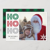 Ho Ho Ho緑のバッファローの格子縞の写真カード シーズンカード (正面/裏面)