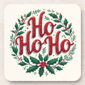 Ho Ho Ho クリスマスリースのタイポグラフィーデザイン コースター (正面)