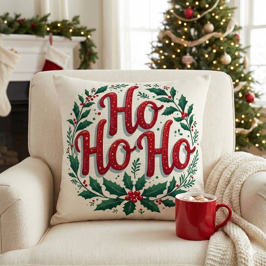 Ho Ho Ho Christmas Wreath Typography Design クッション