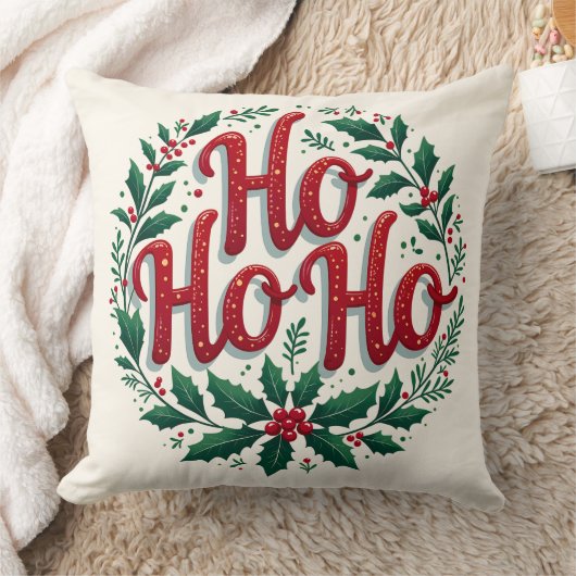Ho Ho Ho Christmas Wreath Typography Design クッション (ブランケット)