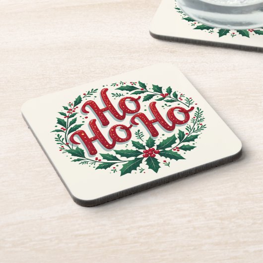 Ho Ho Ho Christmas Wreath Typography Design コースター (左側)