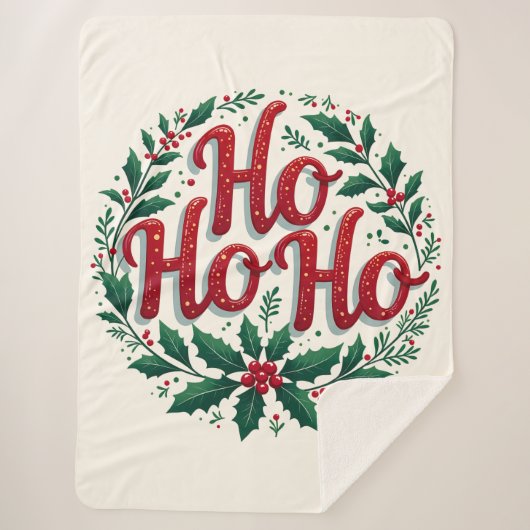 Ho Ho Ho Christmas Wreath Typography Design シェルパブランケット (正面)