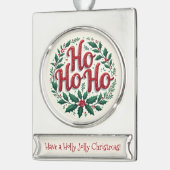 Ho Ho Ho Christmas Wreath Typography Design シルバープレートバナーオーナメント (左)