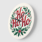 Ho Ho Ho Christmas Wreath Typography Design ラージ壁時計 (傾斜)