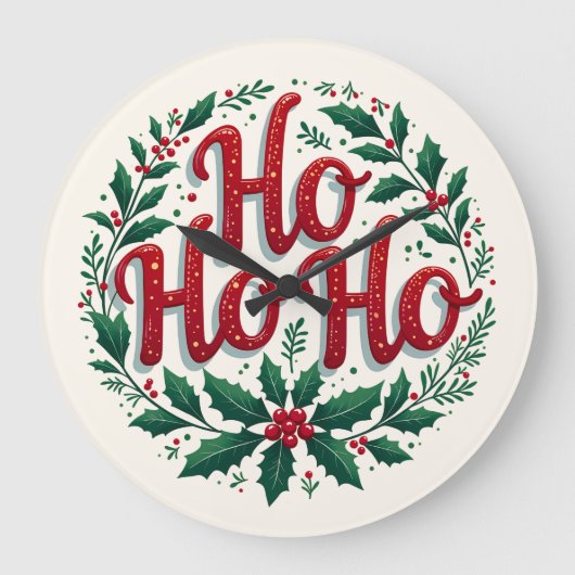 Ho Ho Ho Christmas Wreath Typography Design ラージ壁時計 (正面)