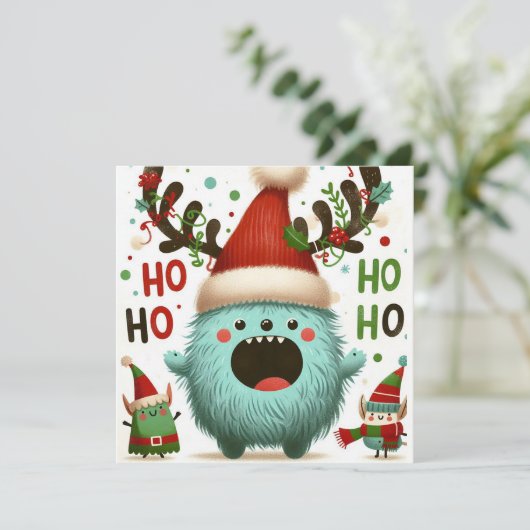 HO HO HO cute fluffy Santa elves シーズンカード (スタンド正面)