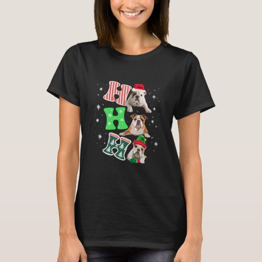 Ho Ho Ho English Bulldog Santa Reindeer Christmas Tシャツ (正面)