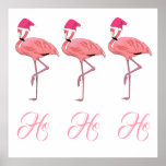 Ho Ho Ho Flamingos Tropical Beach Christmas  ポスター<br><div class="desc">Ho Ho Ho Flamingos Tropical Beach Christmas poster with a jolly holiday greeting by cute flamingo Santa Claus helper elves wearing pink Santa caps. Fun beach style flamingo Christmas decor.</div>