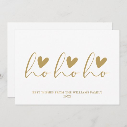 Ho Ho Ho Gold Script Hearts Christmas シーズンカード (正面/裏面)