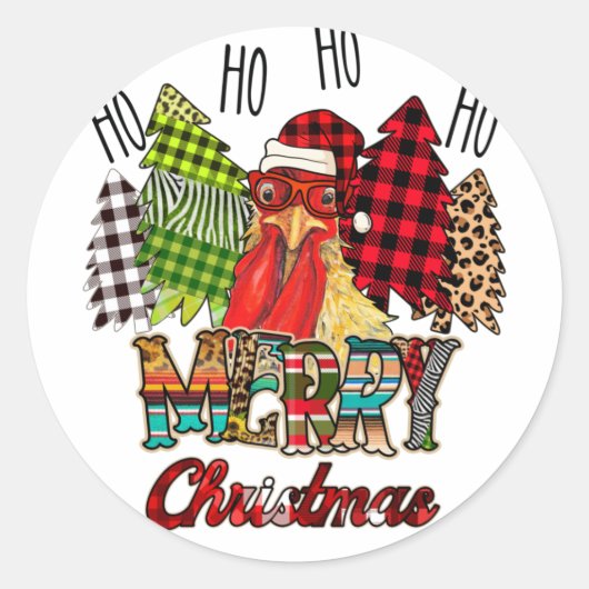 HO HO HO Merry Christmas Chicken Farmer Tree Plaid ラウンドシール (正面)