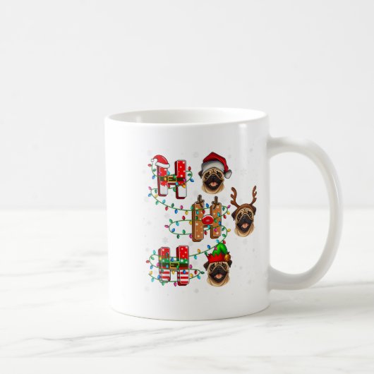 Ho Ho Ho Santa Reindeer Hat Elf Matching Pug Xmas  コーヒーマグカップ (右)