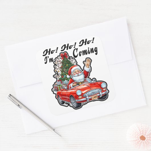 Ho Ho Santa Driving Red Classic Car スクエアシール (封筒)