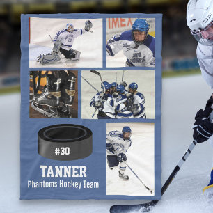 Hockey パーソナライズされた 5 Photo Collage Name Team # フリースブランケット