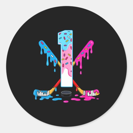 Hockey 1 Years Old Ice Cream Drip 1st Birthday Kid ラウンドシール (正面)