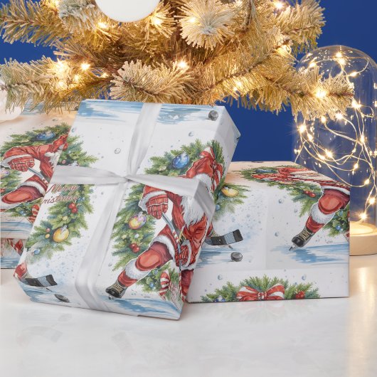  Hockey Christmas with Santa Claus ラッピングペーパー (クリスマス)