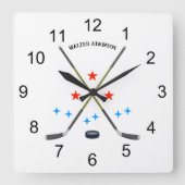 Hockey Crossed Sticks and Puck スクエア壁時計 (正面)