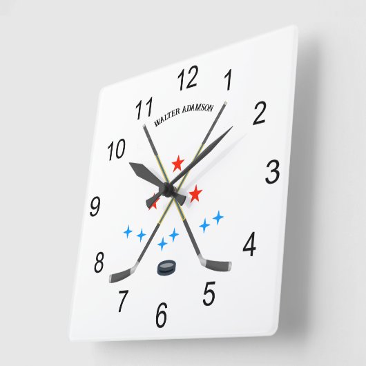 Hockey Crossed Sticks and Puck スクエア壁時計 (傾斜)