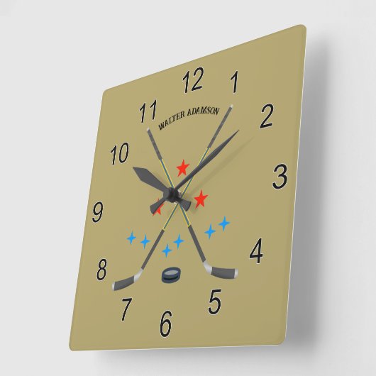 Hockey Crossed Sticks and Puck スクエア壁時計 (傾斜)