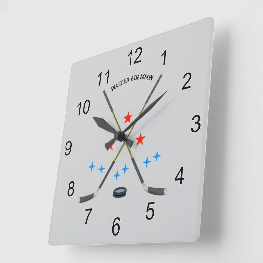 Hockey Crossed Sticks and Puck スクエア壁時計 (傾斜)