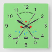 Hockey Crossed Sticks and Puck スクエア壁時計 (正面)