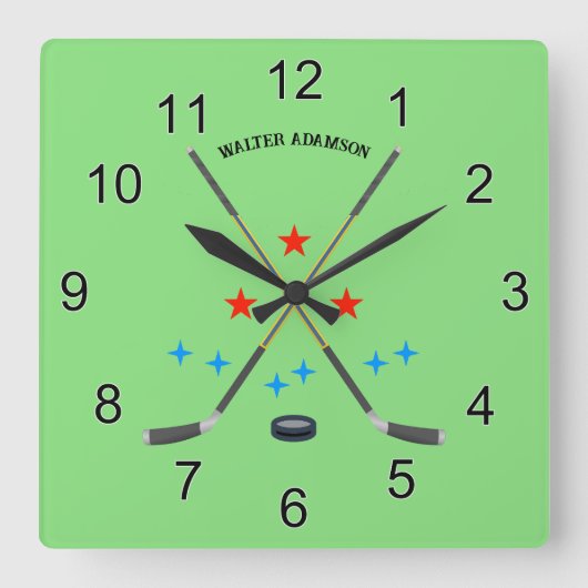 Hockey Crossed Sticks and Puck スクエア壁時計 (正面)