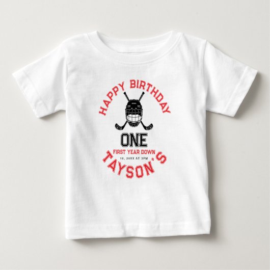 Hockey First Year Down 1st birthday  ベビーTシャツ (正面)