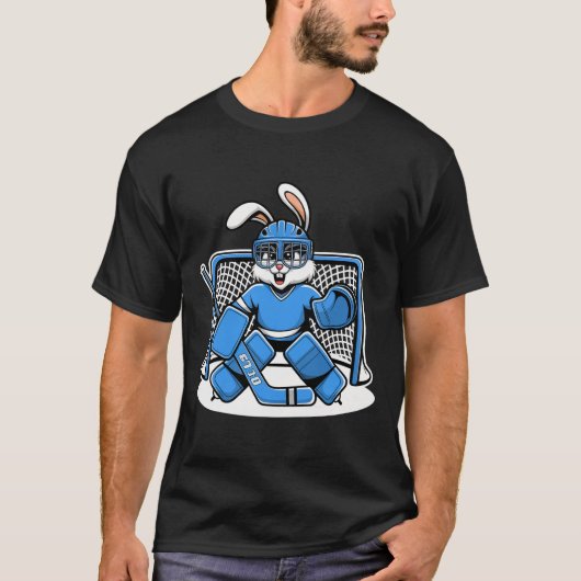 Hockey Goalie Bunny Blue Net Pads Stick Helmet  Tシャツ (正面)
