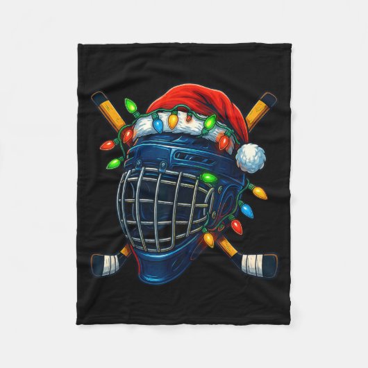 Hockey Helmet Christmas Lights Santa Hat Design Xm フリースブランケット (正面)