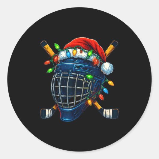 Hockey Helmet Christmas Lights Santa Hat Design Xm ラウンドシール (正面)