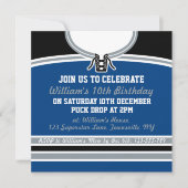 Hockey Jerseyをテーマにしたパーティー招待状テンプレート、青 招待状 (正面)