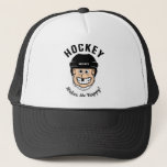 Hockey Makes Me Happy Funny Cartoon Hockey Player キャップ<br><div class="desc">Hockey Makes Me Happy Funny Cartoon Hockey Player. This design has a funny cartoon hockey player with a big toothy smile,  he is missing teeth and wearing a hockey helmet.</div>