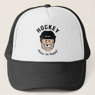 Hockey Makes Me Happy Funny Cartoon Hockey Player キャップ