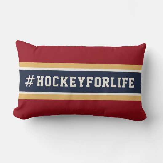 #hockeyforlife赤い海軍及び金ゴールドのアイスホッケーHashtag ランバークッション (正面)