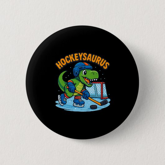 Hockeysaurus Funny Dinosaur Ice Hockey Kids  缶バッジ (正面)