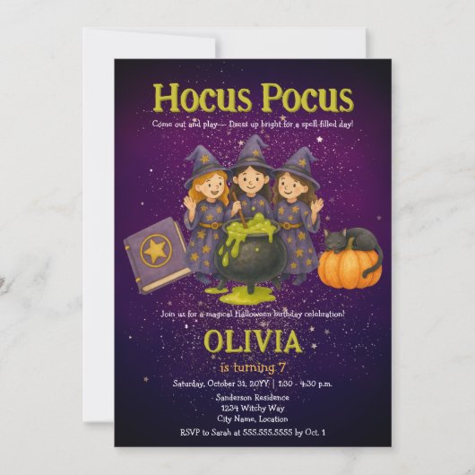 Hocus Pocus Halloween Birthday Party 招待状 (正面)